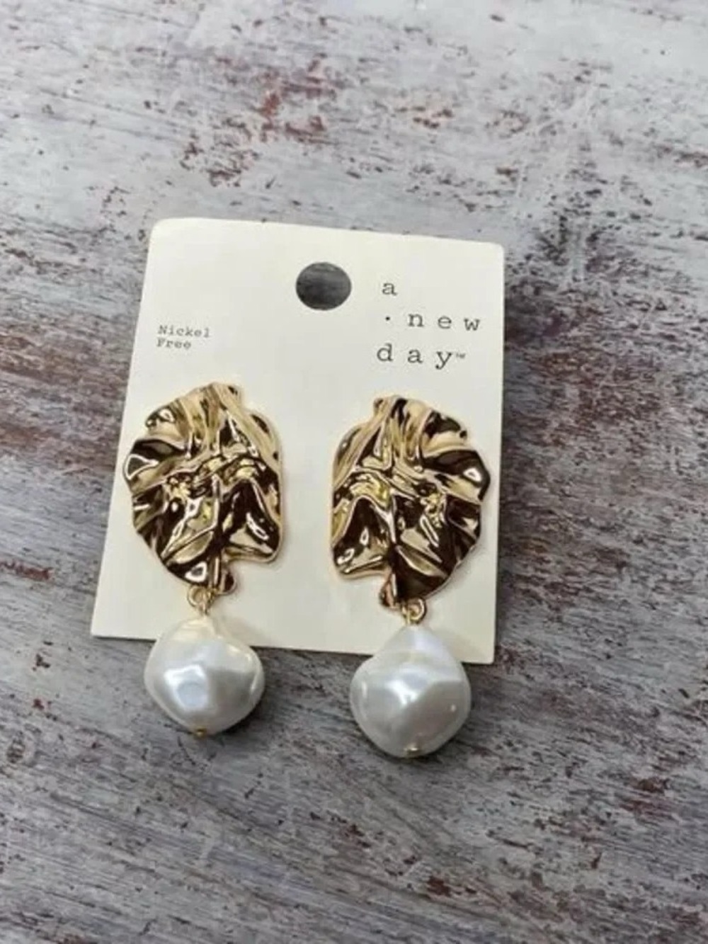 a new day Gold Textured Leaf Earrings with Pearl Drops
